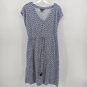 Tommy Bahama Womens Small Blue White Geometric V-Neck Drawstring Resort Dress